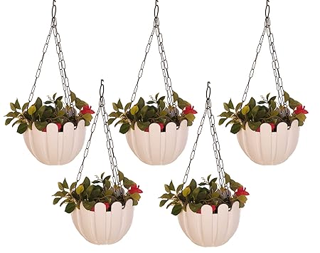 Wonderland (Set of 5) French nest Premium Plastic Hanging Basket with Chain in White