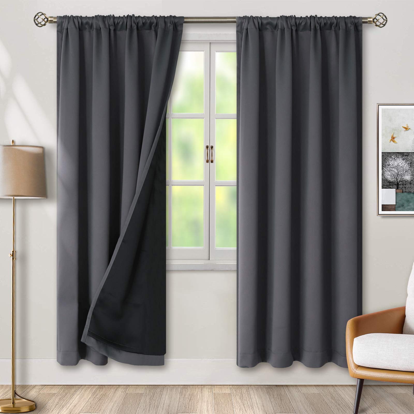 BGment Thermal Insulated 100% Blackout Curtains for Bedroom with Black Liner, Double Layer Full Room Darkening Noise Reducing Rod Pocket Curtain (52 x 72 Inch, Dark Grey, 2 Panels)
