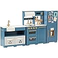 Teamson Kids Little Chef Atlanta Large Modular Wooden Play Kitchen with Interactive, Realistic Features, and 17 Kitchen Accessories, for 3yrs and up, Blue/White/Gold