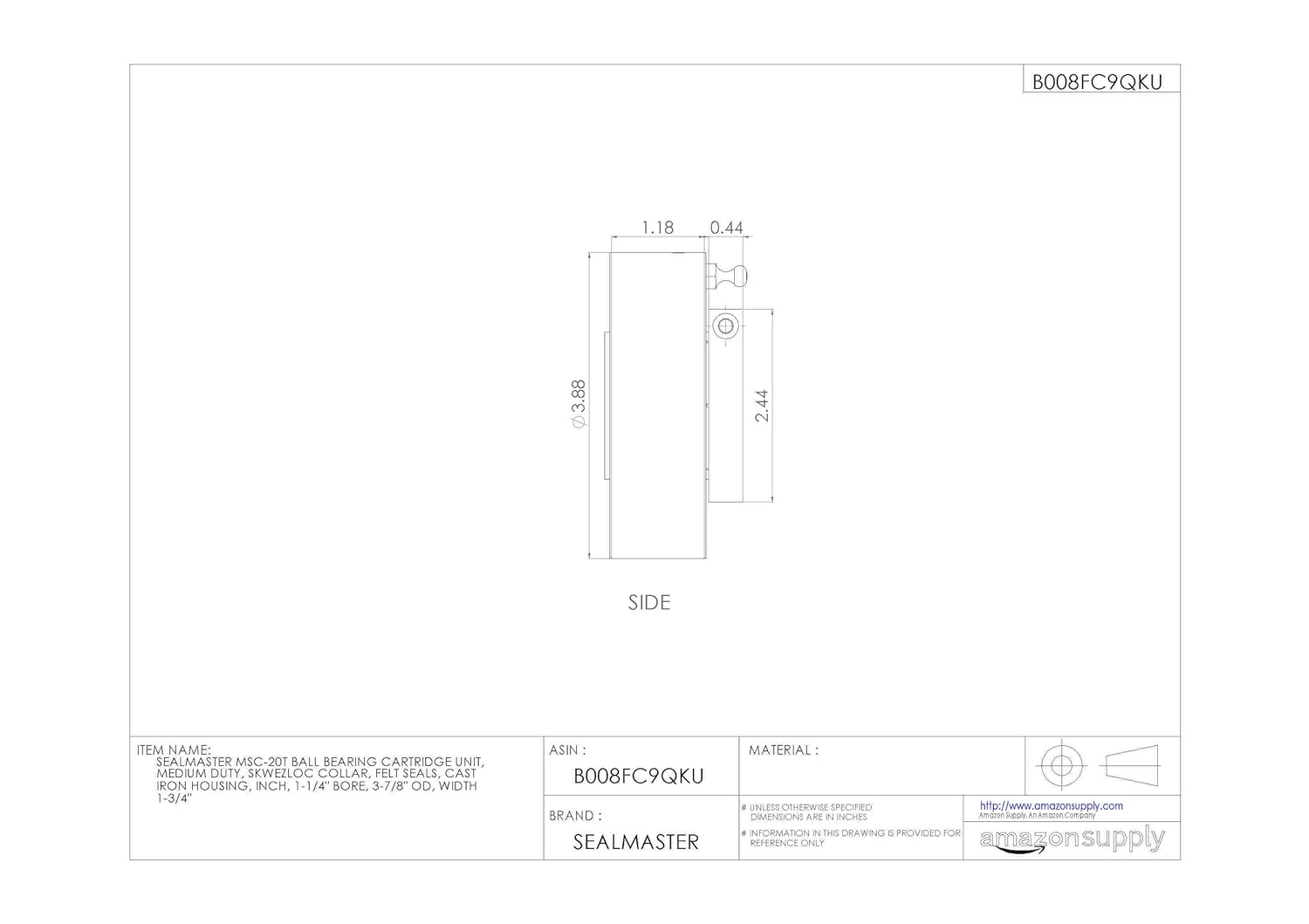 Sealmaster MSC20T Ball Bearing Cartridge Unit Inch 11/4 Bore Cast