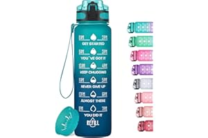 MEITAGIE Reusable Water Bottle, 1 Litre Water Bottle, BPA-Free Tritan Plastic Sports Bottle, with Filter and Time Marker, for Children and Adults, Home and Outdoor