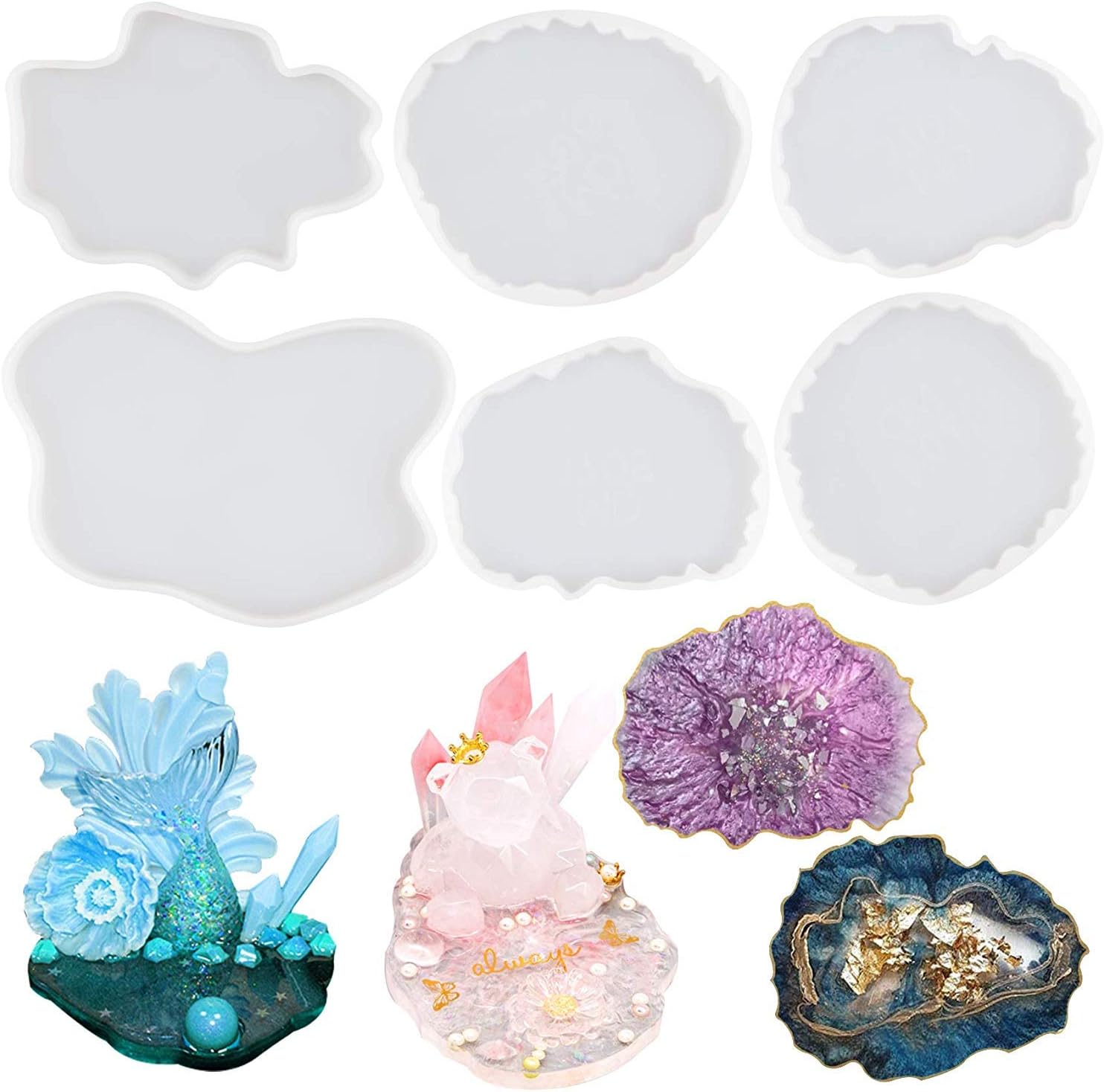 Musykrafties Agate Coaster Resin Silicone Moulds Set Irregular Geode Slice, Cup Mat, Phone Holder, Jewellery Casting Polymer Clay Concrete Cement 6-count 4.9-6.8inch