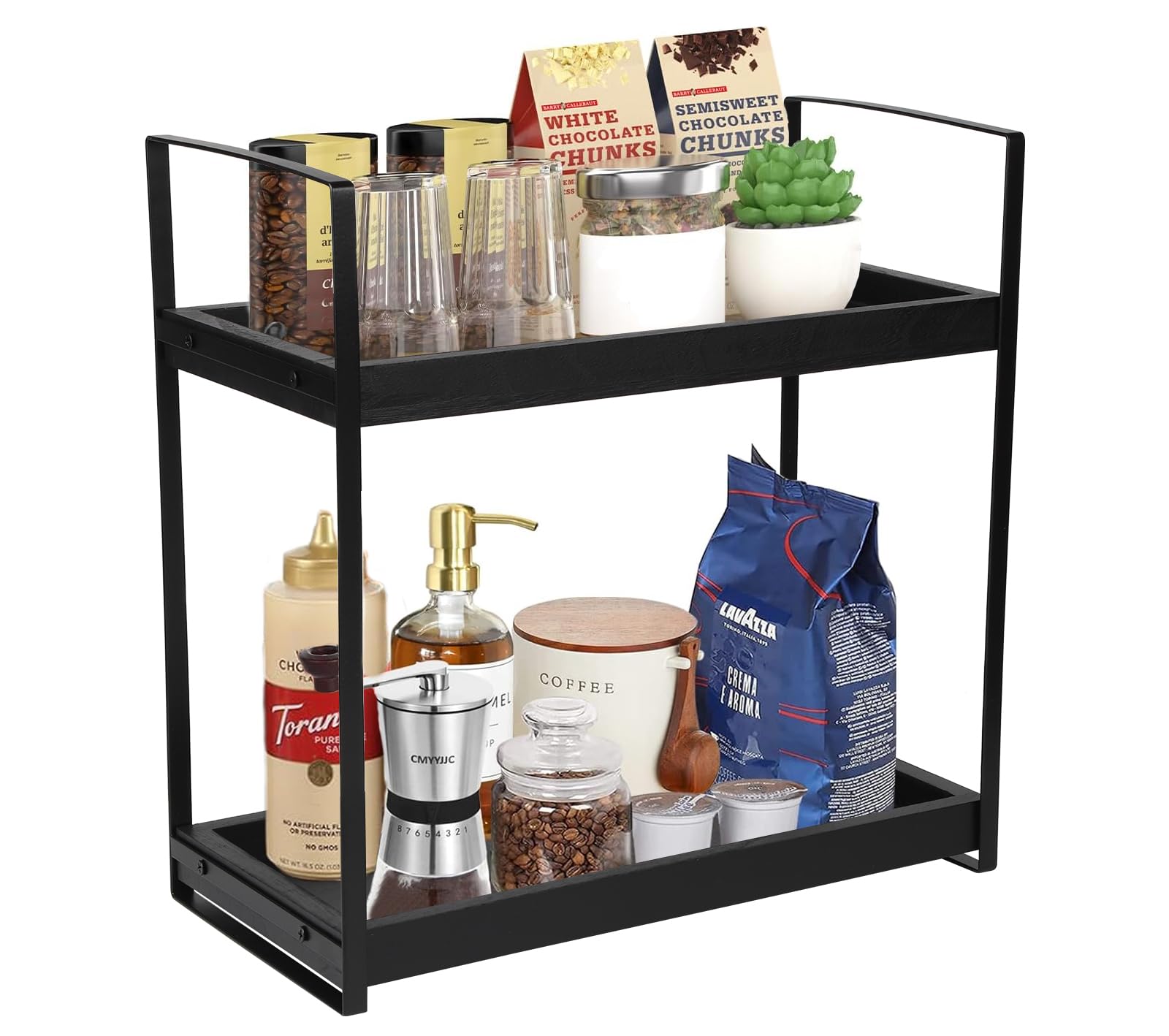 Gzsekken 2 Tier Coffee Station Organizer, Wooden Bar Accessories Caddy, Standing Kitchen Storage Shelf for Home, Office - Black