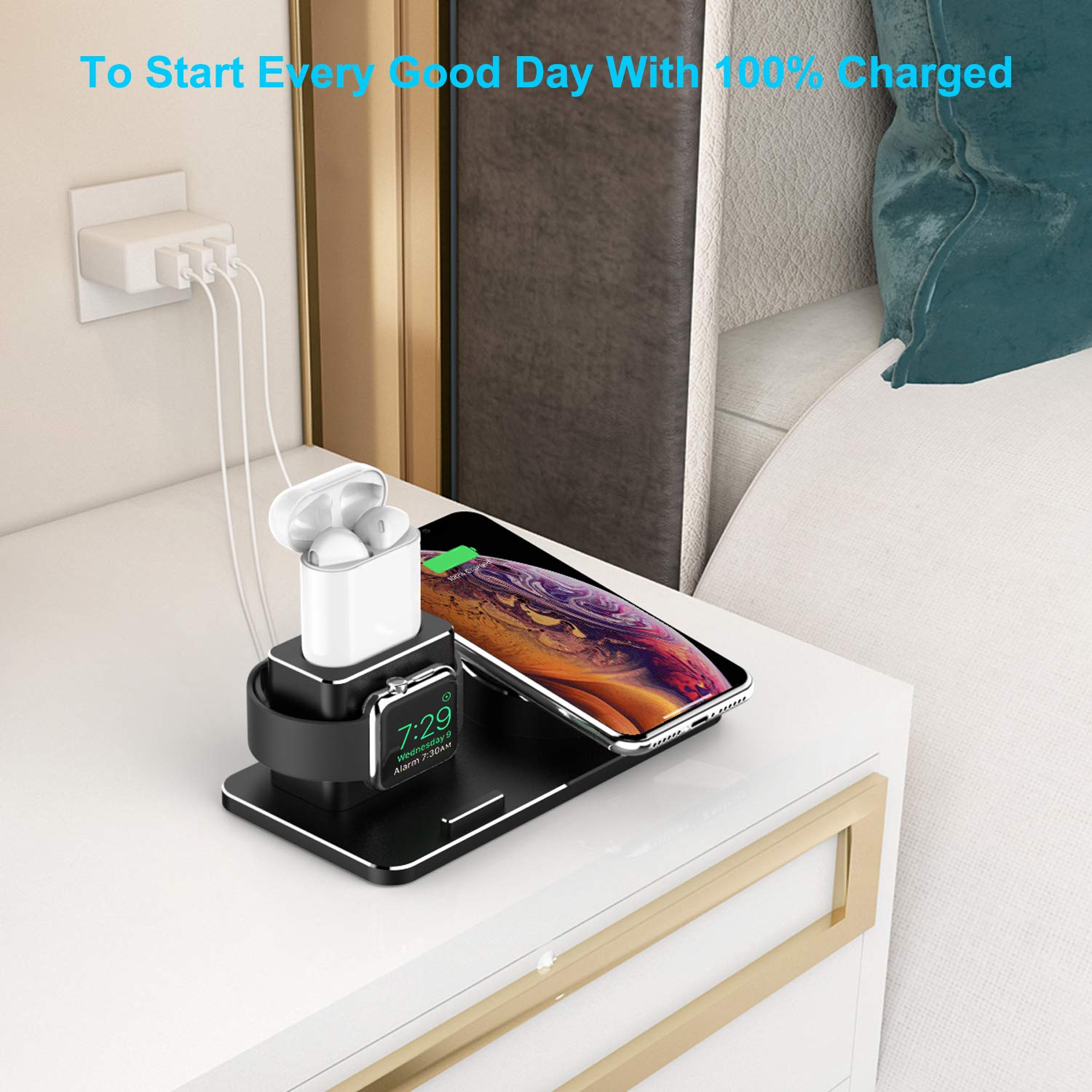 Awelbuy Charging Station for Apple Watch Aluminum Charging Stand Dock for iWatch Series 4/3/2/1, AirPods, 10W Wireless Charger Stand for iPhone X/XS/XR/Xs Max/8/8 Plus