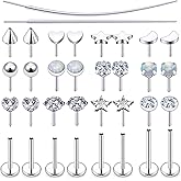 Leiainely 20/18/16G Threadless Nose Rings Flat Back Stud Earrings Piercing Jewelry for Women Men 6/7/8mm Push In Bar Cartilage Tragus Lip Medusa Monroe Labret Stud Hypoallergenic Surgical Steel