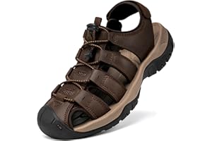 Boveshorn Men's Sport Sandals Closed Toe Leather Hiking Athletic Walking Outdoor Beach Trail River Fishing Water Shoes Lightweight Comfortable Waterproof