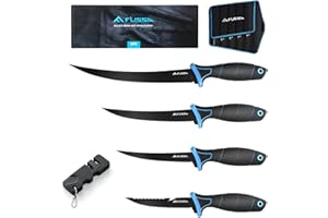 FLISSA Fillet Knife Set, Boning Knife & Bait Knives with Sharpener, Protective Sheath, Belt Clip, Non-Slip Handle, Portable Pouch & Corrosion Resistant Coating Blade, for Fresh or Saltwater (4-Piece)