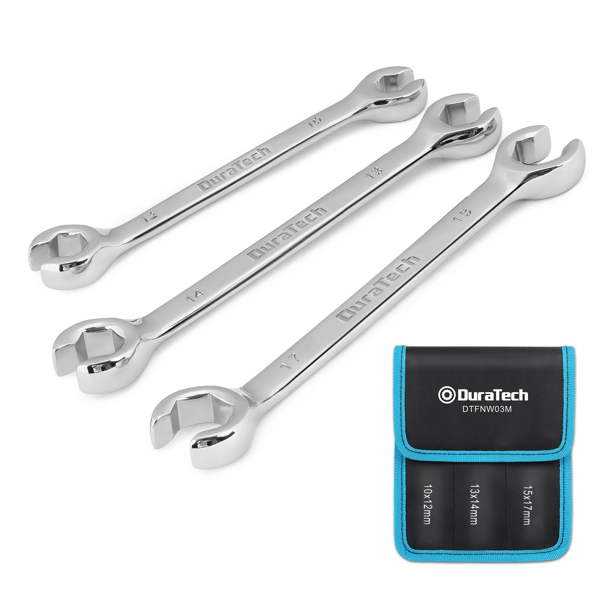 DURATECH 3-Piece Flare Nut Spanner Set 10-17 mm, Double End Open Ring Spanner Set, Brake Line Wrench Set, Metric, with Storage Pouch
