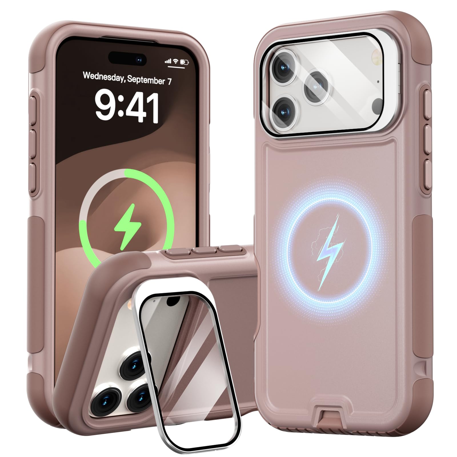Follaroma for iPhone 17 Pro Max Case with Stand,Built-in Camera Cover,Compatible with MagSafe,Heavy Duty Shockproof Protection Phone Case,Anti-Drop,Magnetic Dual Layer Protective Cover,6.9" Brown Pink