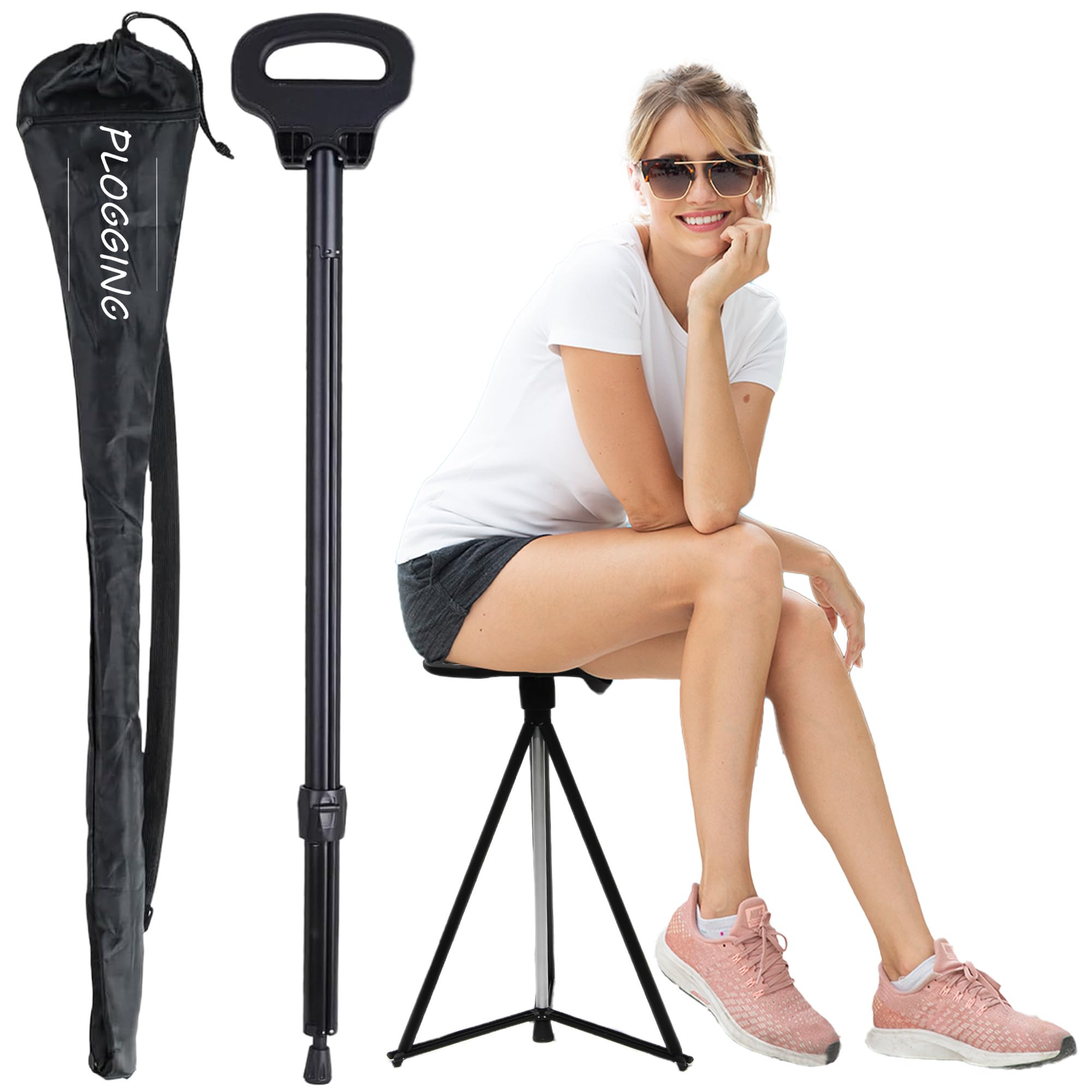 PLOGGING Walking Stick Portable Folding Walking Sticks for Adults Sturdy Tripod Seat Cane Lightweight Walking Cane for Elderly Outdoor Travel