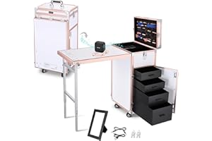 BYOOTIQUE Foldable Rolling Manicure Table Nail Desk Makeup Train Case Cosmetic Trolley Travel Storage Organizer Nail Tables with 4 Drawers Mirror & Speaker for Technician Workstation Salon, Rose Gold