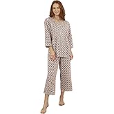 LA CERA Women's 3/4 Sleeve Pleat Front, Capri Pajama Set, Notched V-Neckline, 100% Cotton