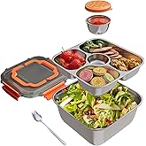 WWMFS Stainless Steel Salad Container for Lunch,64-oz Portable Salad Bowls with 4-Compartment Bento-Style Tray,Leak-Proof Salad Containes for work picnic(Orange)