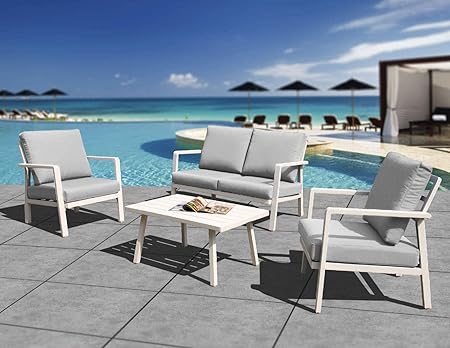 Amazon Com Hl Outdoor Patio Furniture Aluminum Frame 4 Piece Cushioned Conversation Set With Coffee Table Modern Chat Set Home Crested Bay Furniture Gray Garden Outdoor