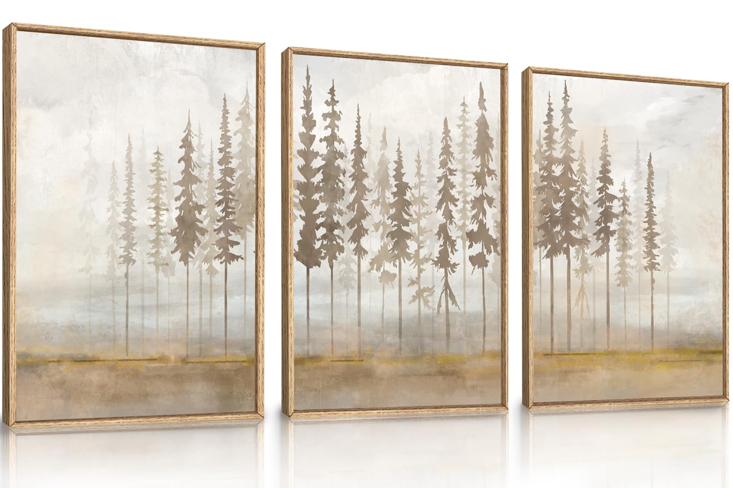 Photo 1 of LHIUEM Large Pine Tree Framed Canvas Wall Art Set,Forest Trees Nature Wall Decor,Modern Landscape Artwork, Foggy Forest Painting for Living Room, Bedroom,Office-16 x24 x3