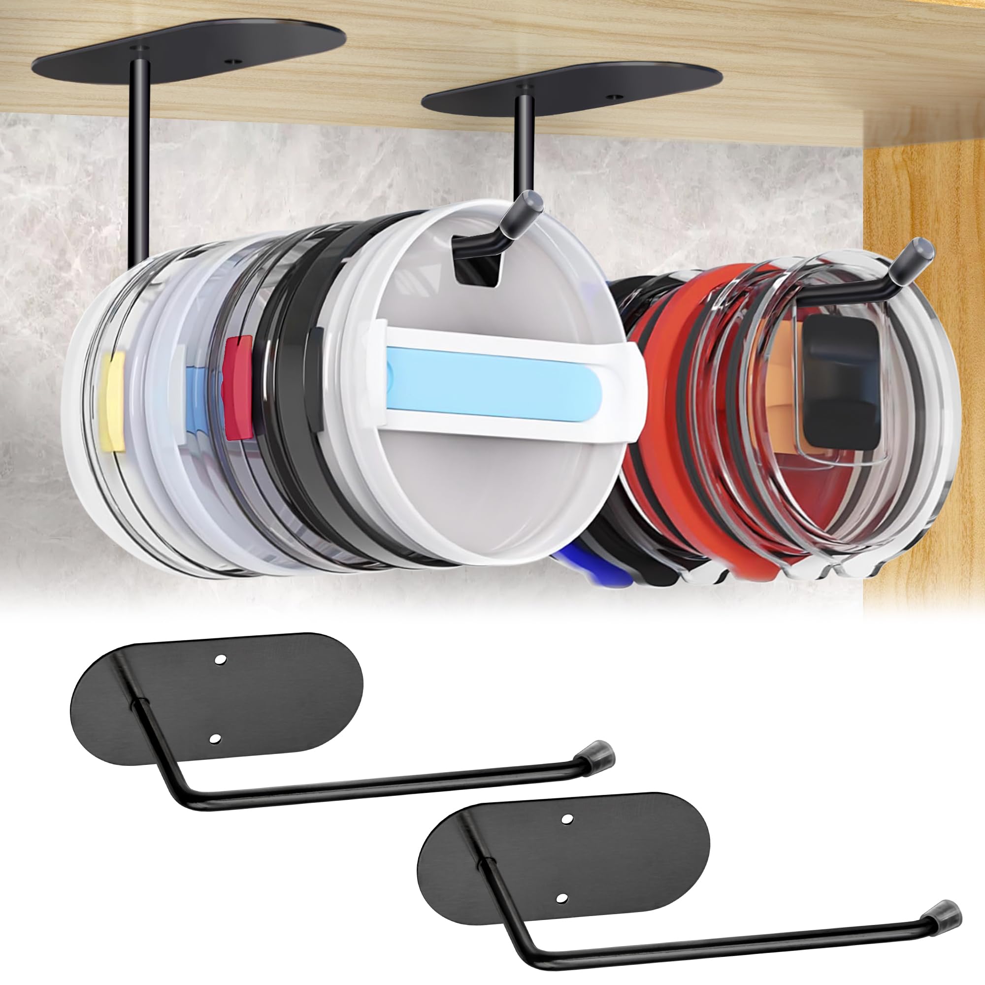 Photo 1 of Tumbler Lid Organizer, 2 PCS Cup Lid Organizer for Yeti Stanley Simple Modern Tumbler Lids, Tumbler Lid Holder Under Cabinet, Drilling Tumbler Cup Lid Organizer/Self-adhesive Tumbler Lid Hanger, Black