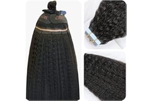 SUYYA Kinky Straight Tape in Extensions Natural Black Tape in Hair Extensions Human Hair Kinky Straight 12 Inch Skin Weft 40g/Pack 20PCS Tape INS for Women(#1B Natural Black)