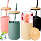 FillTouch 4 Pack 20 oz Glass Tumbler with Silicone Sleeve Iced Coffee Cups with Lids Straw Can Shaped Water Bottle for Valentines Spring Home Outdoor (Blue, Amber, Black, Pink)