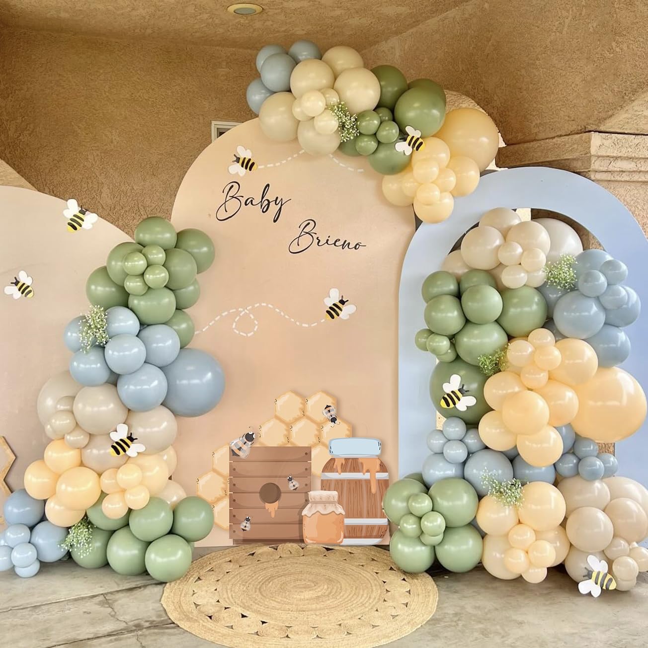 Photo 1 of 156pcs Blue and Yellow Balloon Arch Kit, Pastel Balloons with Blue Yellow Sage Green Sand White Balloons for Classic Bear Themed Baby Shower Wedding Birthday Party Decorations