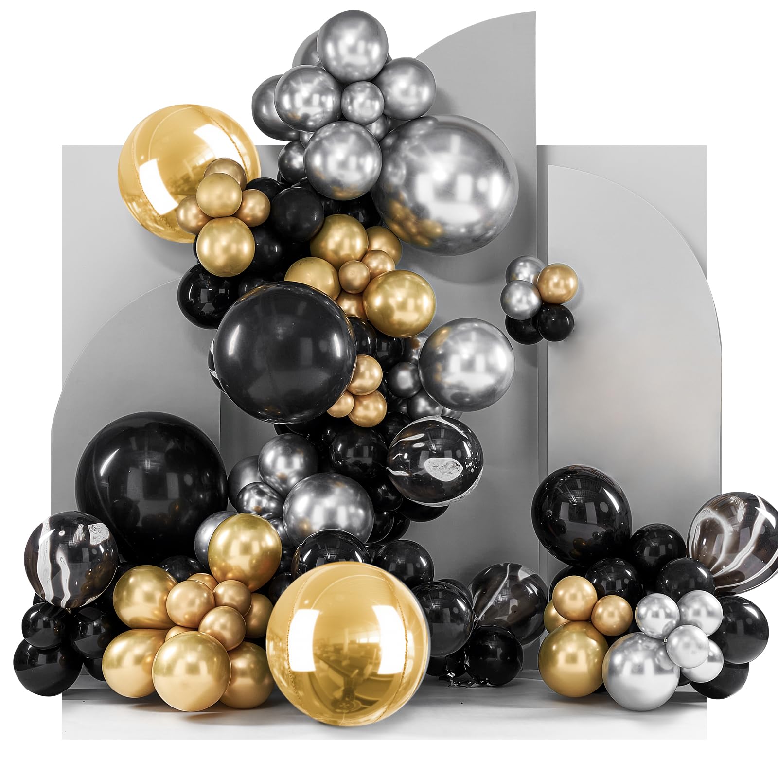PartyWoo 140 pcs Black and Gold Balloon Arch Kit, Black and Gold Balloons Garland with 4D Marble Balloons, Chrome Metallic Silver Balloons, Star Garland for Birthday Decorations, Retirement Party