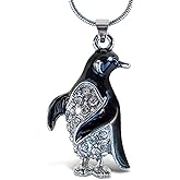 Puzzled Silver Penguin Necklace - Charming Silver Detailed Necklace with Sparkling Rhinestone Crystal Penguin Charm, Cute Jewelry Pendant Necklace Accessory with Long Silver Chain - 18 Inches