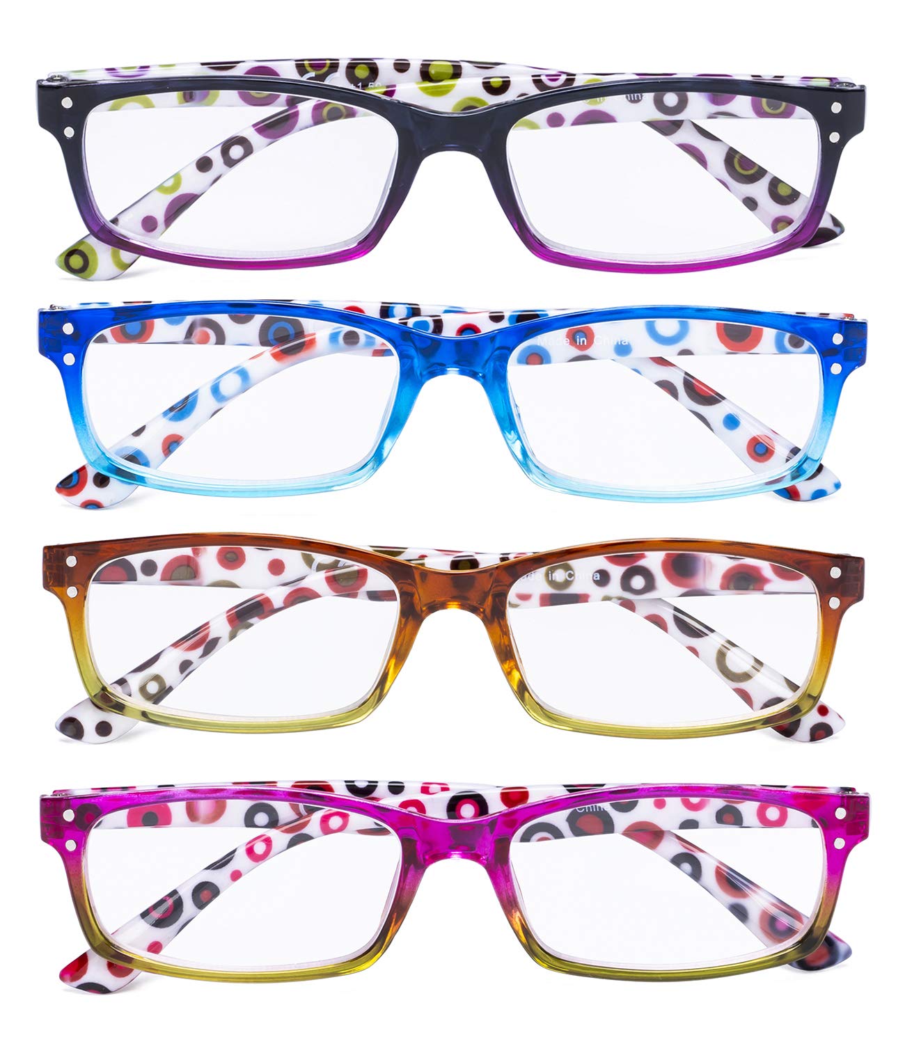 CessBlu Ladies Reading Glasses 4 Pairs Colorful Dots Design Reader Eyeglasses for Women Reading with Spring Hinge +1.75
