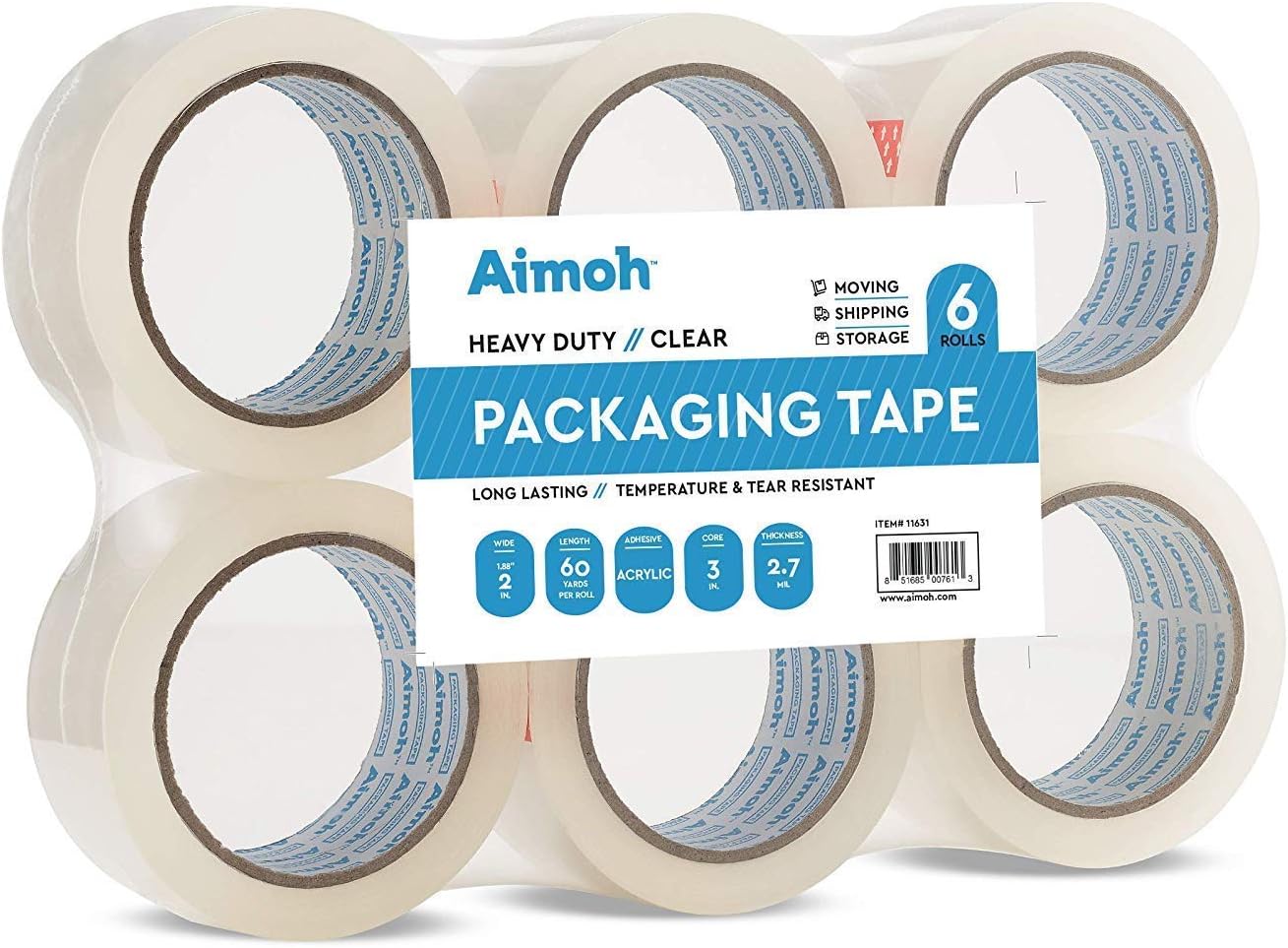 6 Rolls Heavy Duty Clear Packing Tape -Acrylic Adhesive- 2.7mil Ultra Strong Commercial Grade- Size 1.88 x 60 Yard- 3 Inch Core- Refill - Moving-Packaging-Shipping - 6 Rolls (11631)