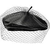 Gllutt PU Leather Beret Hat for Women with Mesh Veil Chic Artist French Beret Hat