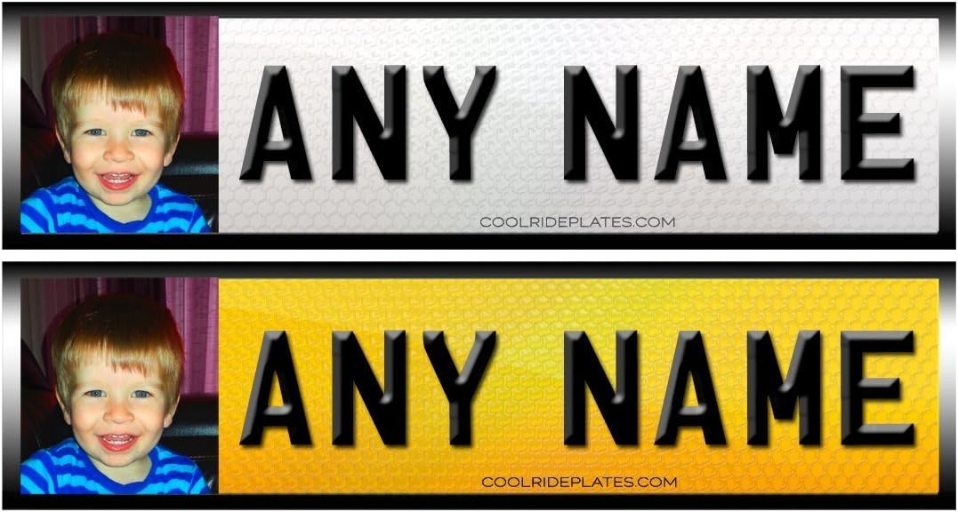 Coolrideplates 15 x 4 cm Photo Personalised Number Plate (1 front & 1 rear) Self-Adhesive Waterproof Vinyl Stickers For Ride-on Cars, Bikes, Mobility Scooters, Bedroom Doors Etc