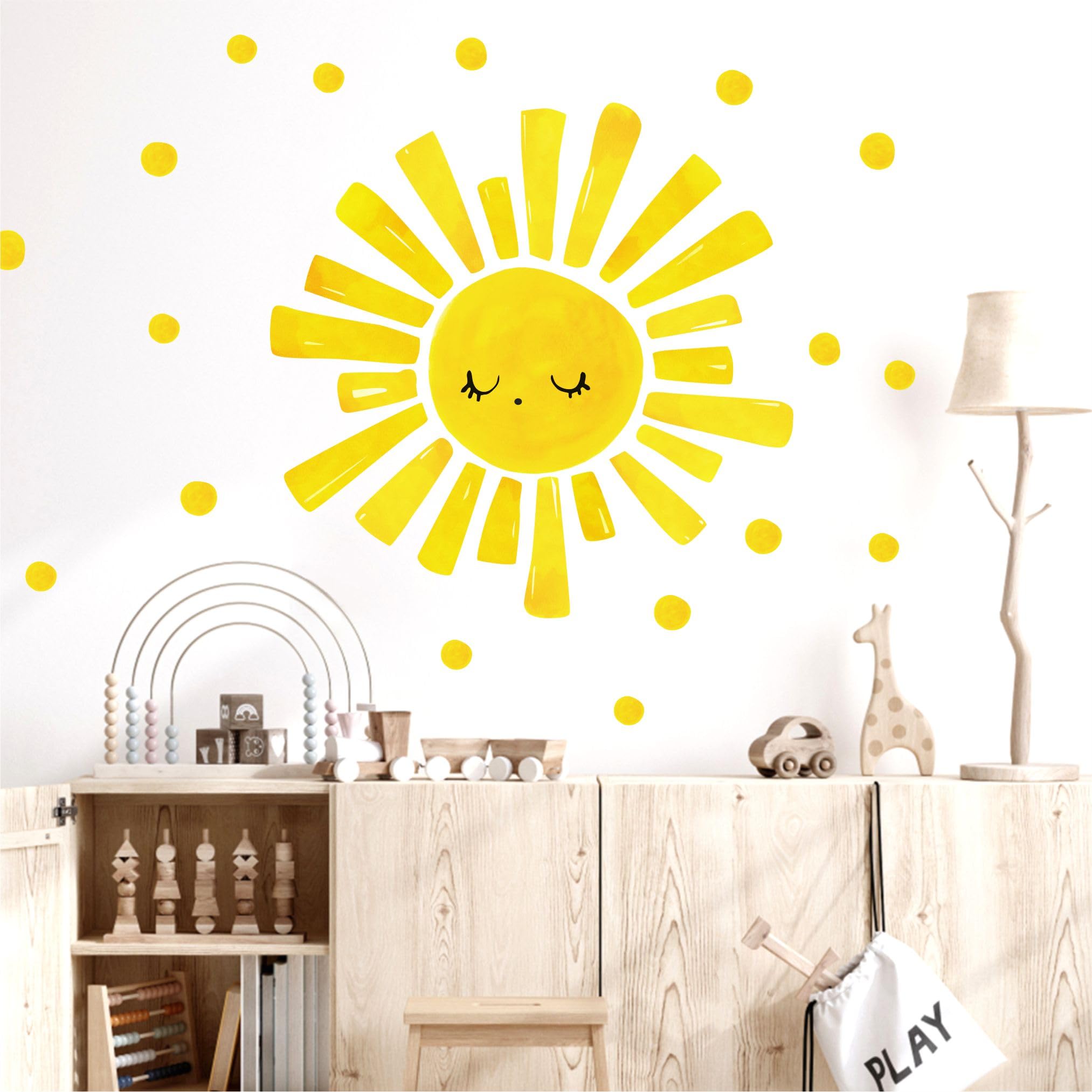 MOSITU Large Sun Wall Decal 37 Pcs Yellow Sunshine Stickers with Small Polka Dot Watercolour Boho Sunlight Wall Decals for Nursery Bedroom Playroom Kids Room Decor — image 1