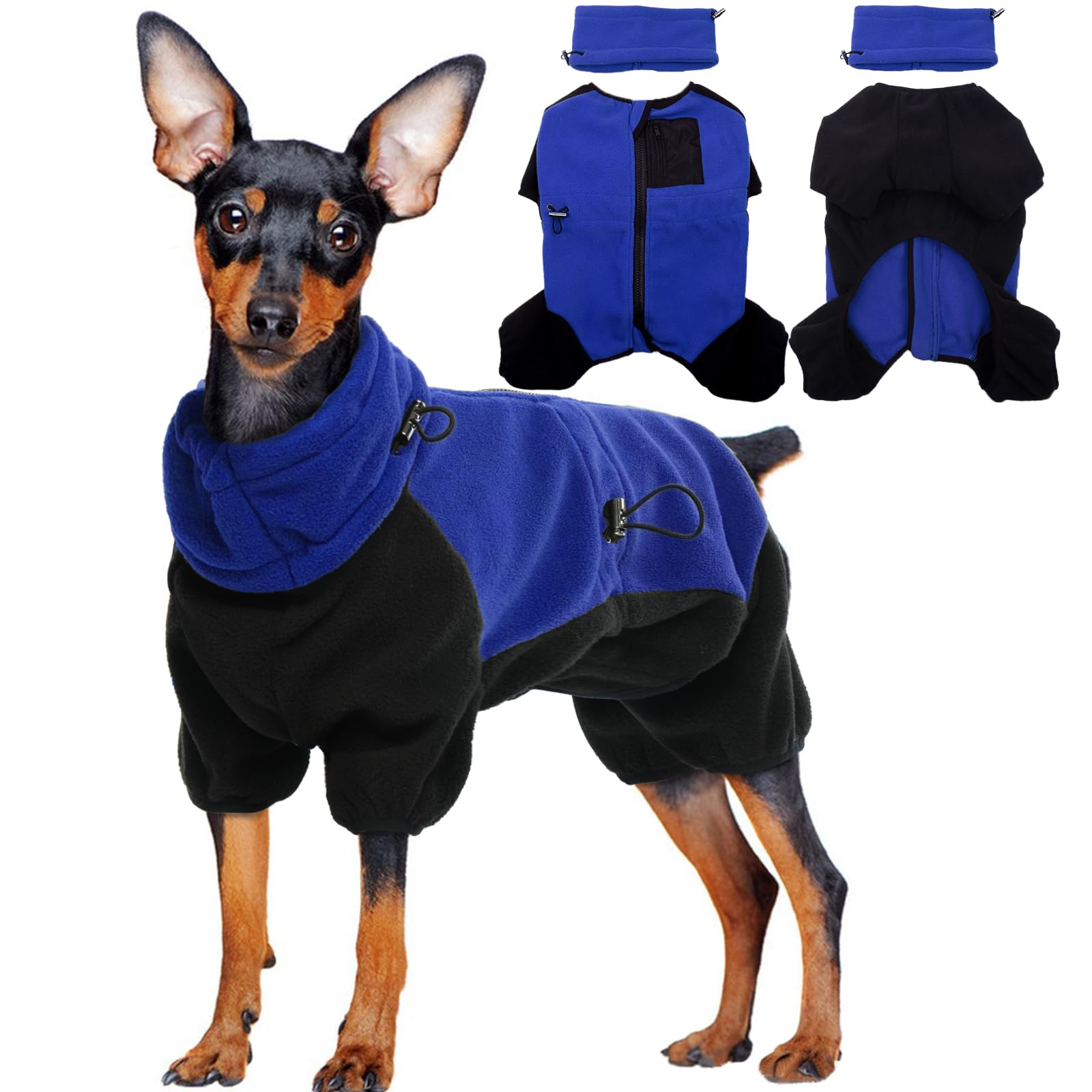 Small Dog Fleece Jumper, Cosy Pajama Fleece Onesie Zip Up Coat Warm Winter Vest Windproof Step In Coat Puppy Snow Jacket with Detachable Turtleneck(Blue, XS)