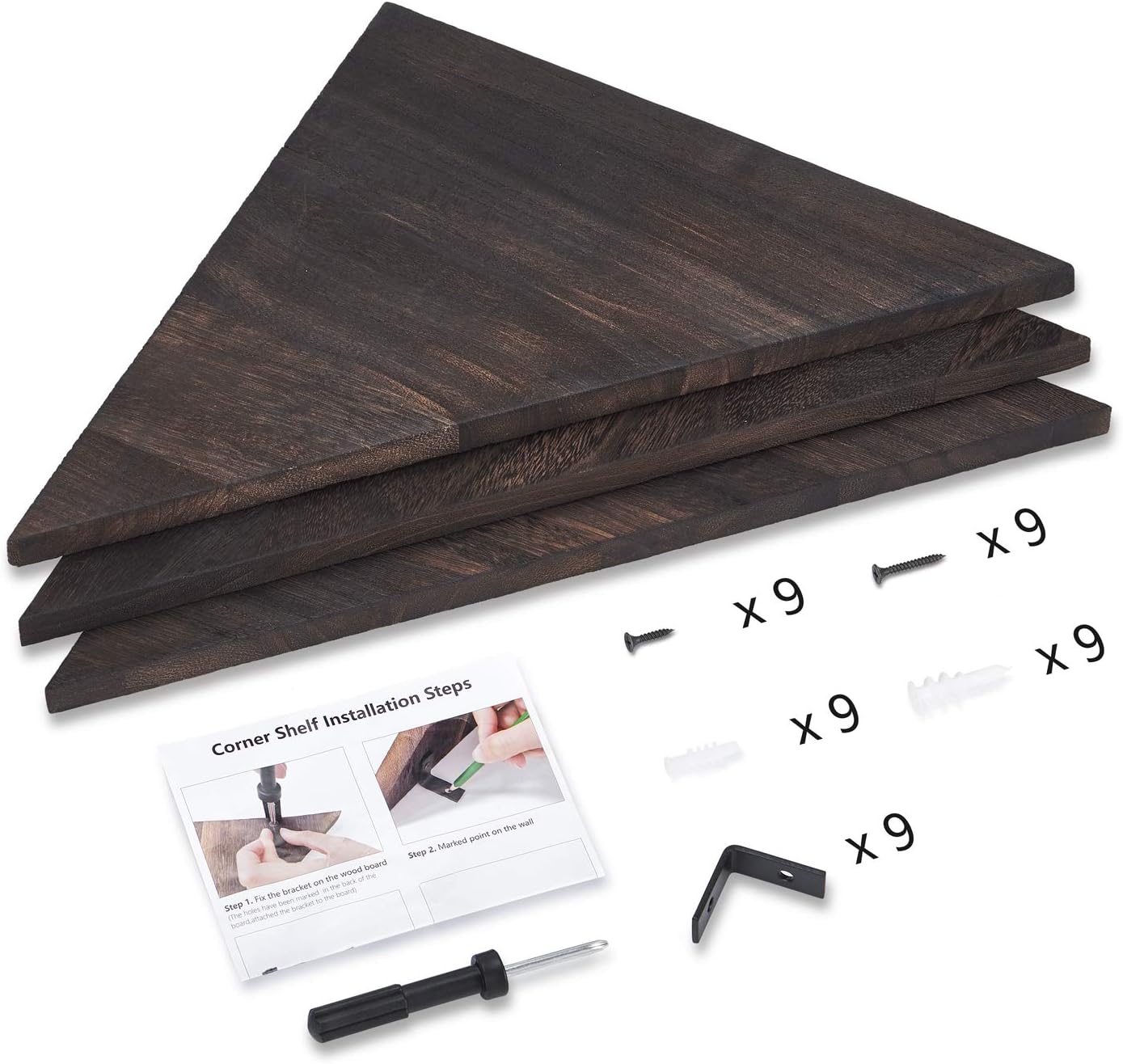 Mkono Corner Wall Shelf 3 Set Wood Floating Shelves with Brackets Rustic Organizer Displays Storage Rack Home Decor for Living Room Bedroom Bathroom Kitchen, Dark Brown: Furniture & Decor