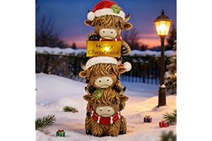 Glintoper Solar Garden Highland Cow Statue, 12" Outdoor Christmas Decoration Lighted Triple Stacked Resin Cow Whimsical Yard Art, Ideal Xmas Birthday, for Porch Pathway Patio Lawn