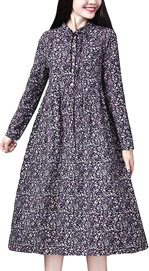 Amazon Alhyla レディース ゆったり ワンピース 春 長袖 亜麻ワンピース リネン エスニック ロング丈 膝丈 丸首 おしゃれ 花柄 プリント レトロ きれいめ 韓国風 ワンピース チュニック 通販