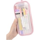 EASTHILL Grid Mesh Pen Pencil Case with Zipper Clear Makeup Color Pouch Cosmetics Bag Multi-Purpose Travel School Teen Girls and Boys Transparent Stationary Bag Office Organizer Box for Adluts(Pink)