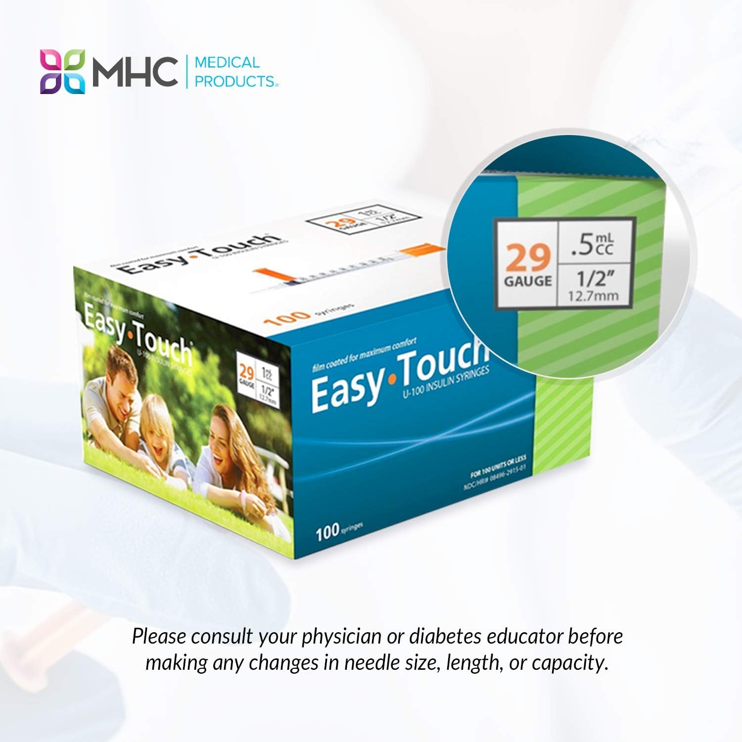 EasyTouch® U-100-29G, Insulin Syringes, 1cc/mL, 1/2" (Box of 100): Health & Personal Care