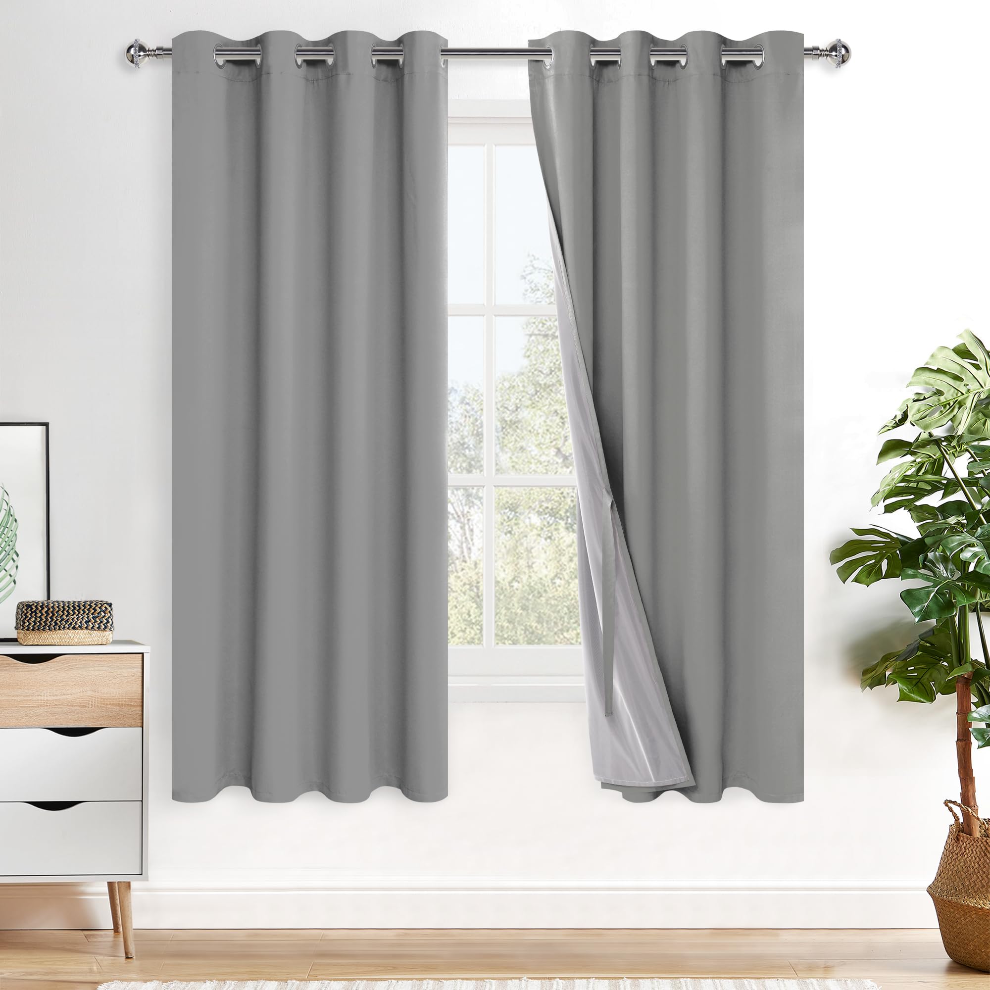 XWZO 100% Blackout Window Curtains - Thermal Insulated & Completely Room Darkening Black Liner Window Treatment with Tiebacks for Bedroom/Living Room, Light Grey, W52 x L63, Set of 2 Panels Image