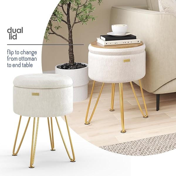 STORAGEBUD ROUND OTTOMAN WITH STORAGE, TEXTURED VELVET STORAGE OTTOMAN, FOOT STOOL OTTOMANS, MAKEUP VANITY STOOL, SMALL OTTOMANS FOOT REST, MODERN VANITY STOOLS FOR LIVING ROOM AND BEDROOM, CREAM