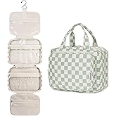 Narwey Hanging Toiletry Bag for Women Travel Checkered Makeup Bag Organizer Toiletries Bag for Travel Size Essentials, Accessories, Brushes, Cosmetics (Green Checkerboard (Medium))