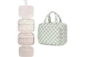 Narwey Hanging Toiletry Bag for Women Travel Checkered Makeup Bag Organizer Toiletries Bag for Travel Size Essentials Accessories Cosmetics (Mint Green Checkerboard (Medium))