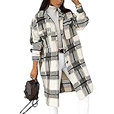 PUWEI Women's Long Flannel Plaid Jacket Shacket Cozy Lapel Button Down Shirt Jacket Fuzzy Trench Coat