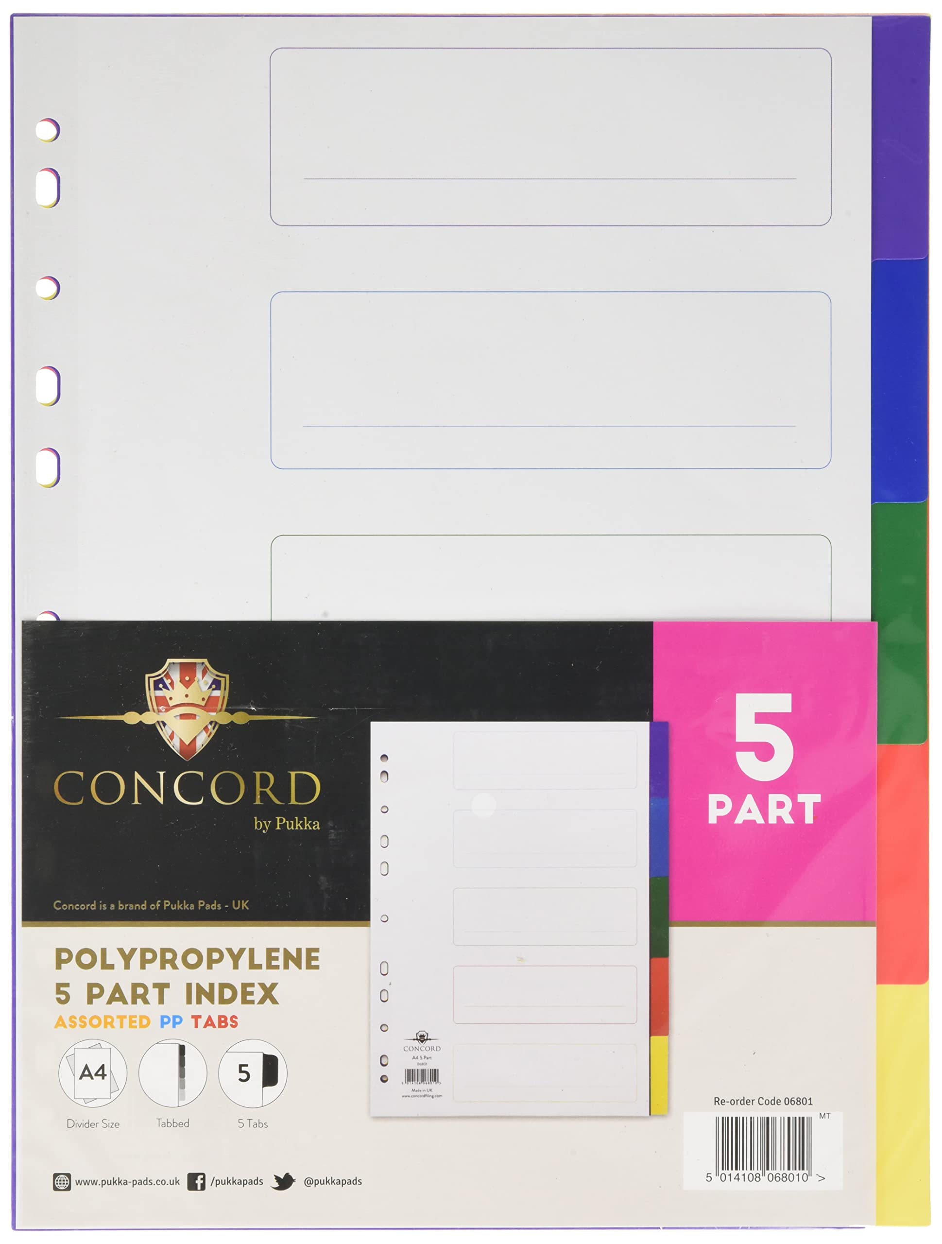 Concord Plastic Subject Dividers Polypropylene 120 Micron Europunched 5-Part A4 Assorted Ref 06801