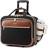 LOVEVOOK Rolling Laptop Bag Women, 17.3 Inch Laptop Briefcase with Wheels, Soft Sided Underseat Carry On Luggage Personal Item Suitcase for Work Travel Business, Black Brown