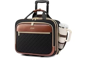 LOVEVOOK Rolling Laptop Bag Women, 17.3 Inch Laptop Briefcase with Wheels, Soft Sided Underseat Carry On Luggage Personal Item Suitcase for Work Travel Business, Black Brown
