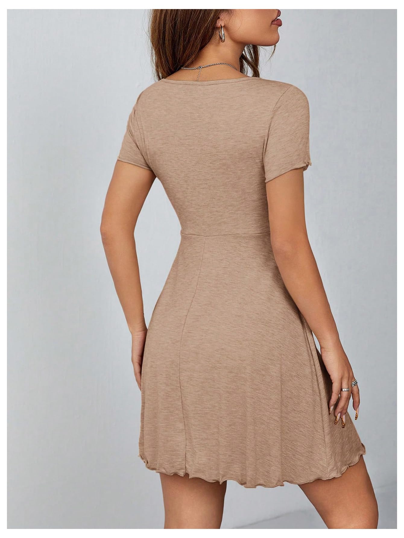 Condition photo showing New/Like New for oyoangle women's short sleeve drawstring front ruched short dress v neck a line tshirt dresses coffe