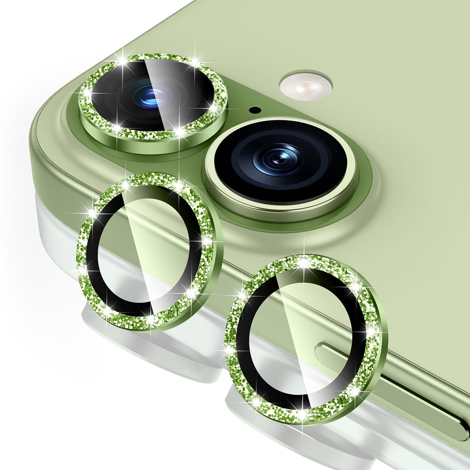Tccvayar for iPhone 17 Camera Lens Protector - with Installation Tray, 9H Tempered Glass [Anti-Scratch] [Ultra HD Clear] Metal Individual Ring Camera Cover (Green Glitter)