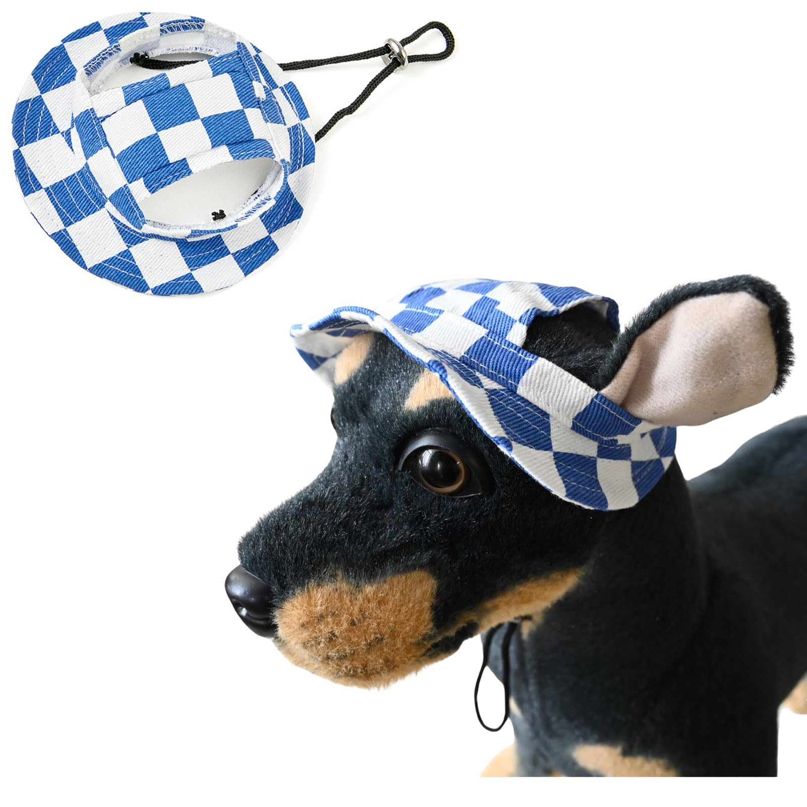 BT Bear Dog Bucket Hats, Cotton Casual Dog Round Cap with Ear Hole, Adjustable Outdoor Travel Sun Protection Sport Hat for Cat Small Medium Dogs Blue Checkered S