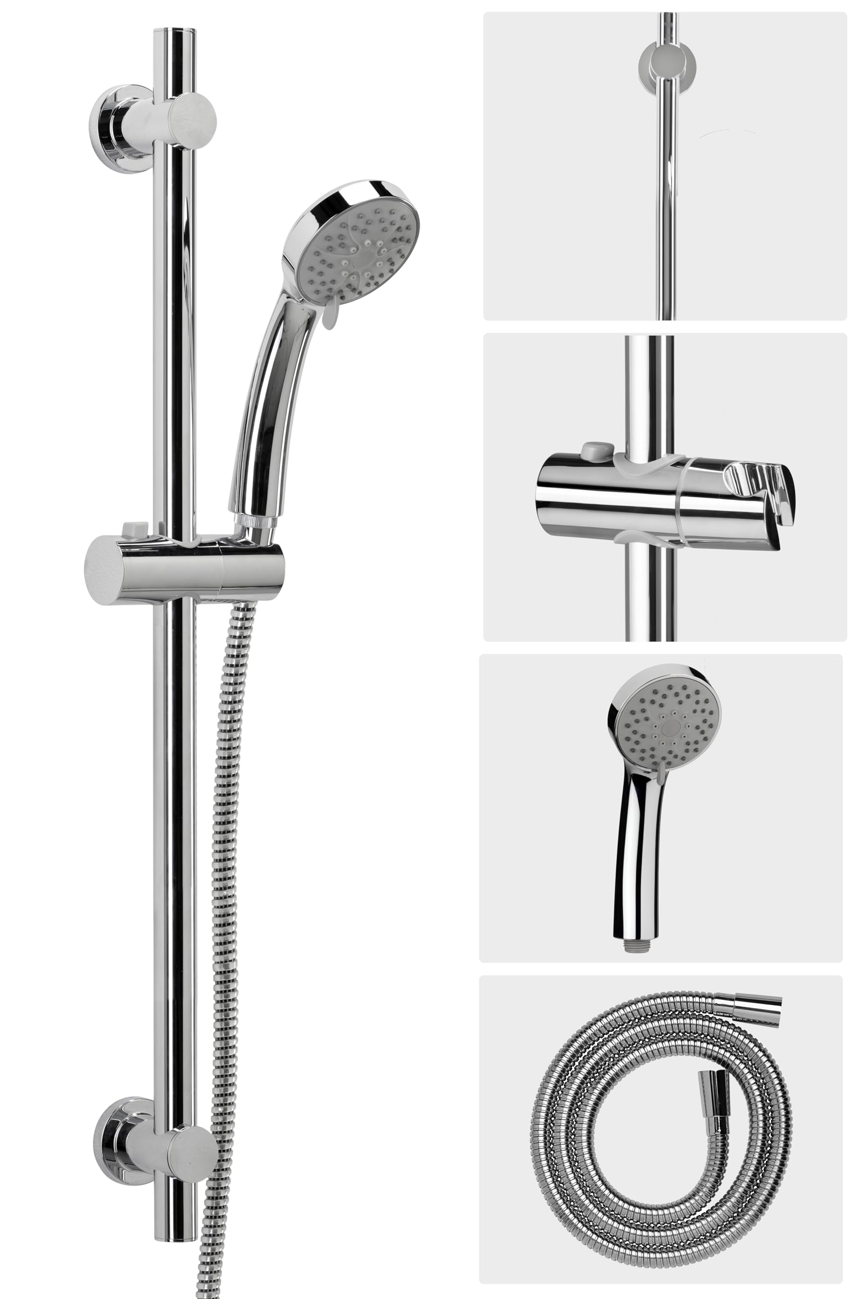 Croydex Essentials Three Function Shower Riser Rail Kit - 69cm Riser Rail, Shower Head with 3 Spray Patterns, 1500mm Reinforced PVC Shower Hose, Adjustable Slider and a Soap Shelf