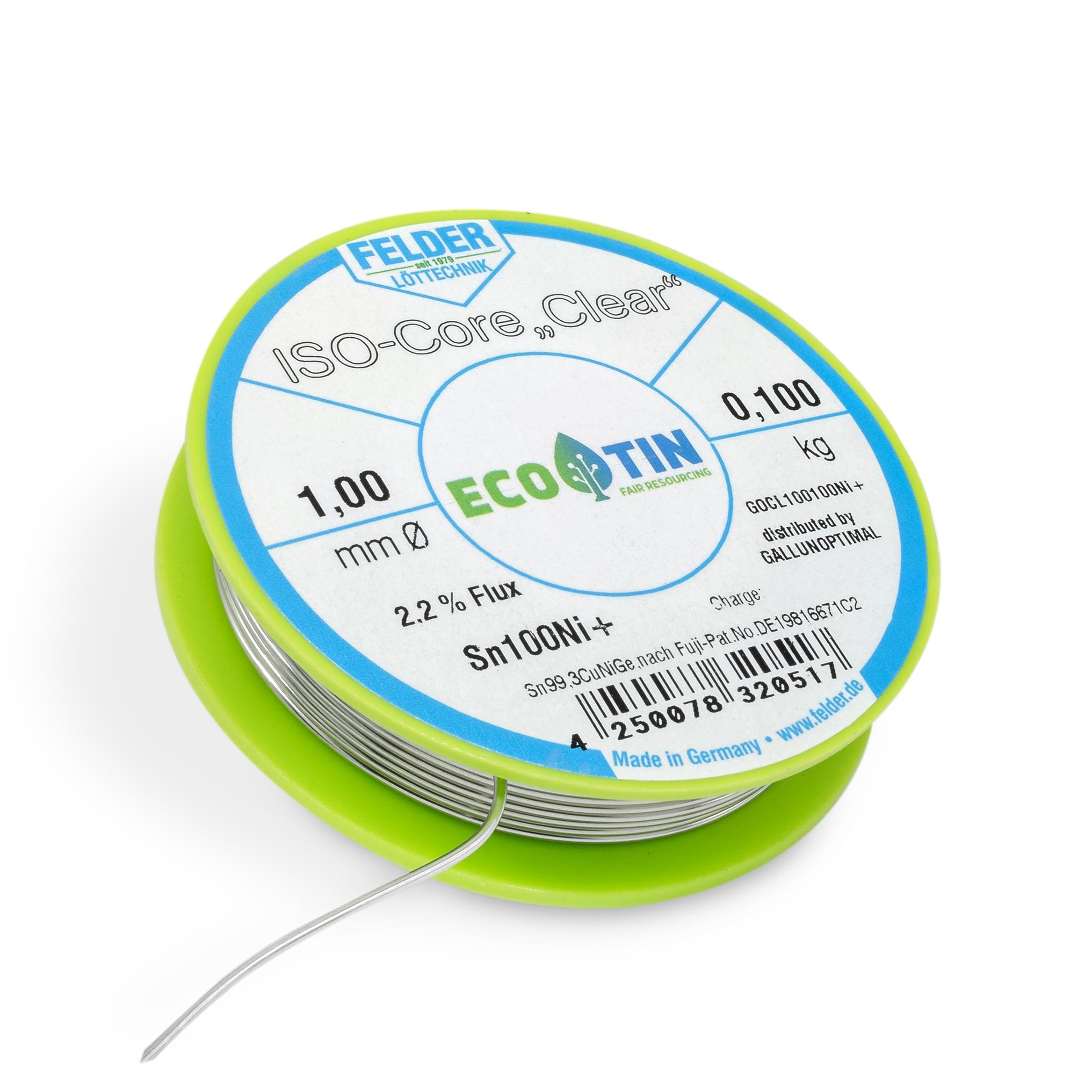 Felder FCL100100Ni+ Solder ISO Core Solder Wire Clear Sn100Ni+ Sn99,3CuNiGe 1 mm on 100 g Spool