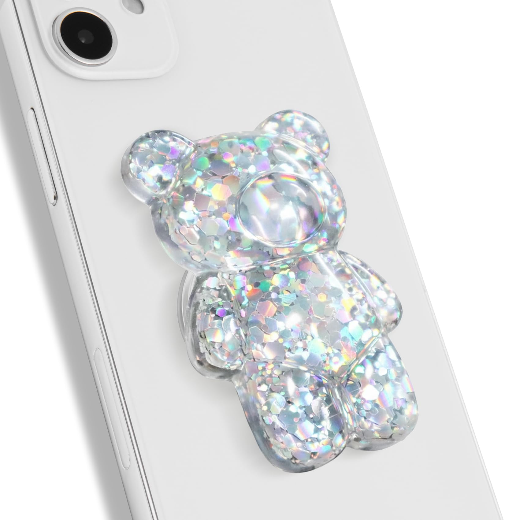 On The Grip 3D Gummy Bear Style Expandable Collapsible Mobile Phone Grip Stand Holder for Smartphone Tablet Cell Phone Accessory (Silver Glitter)